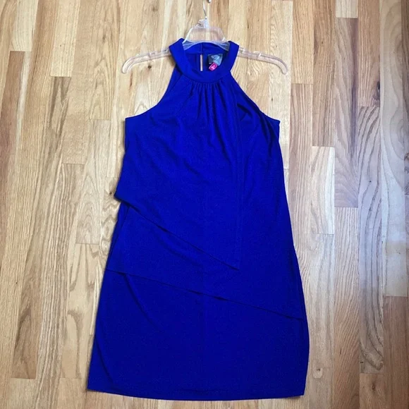 vince camuto halter ruffle dress Vince Camuto Women's Blue Knee-Length Ruffle Neck Halter Dress, Size: 4, New
